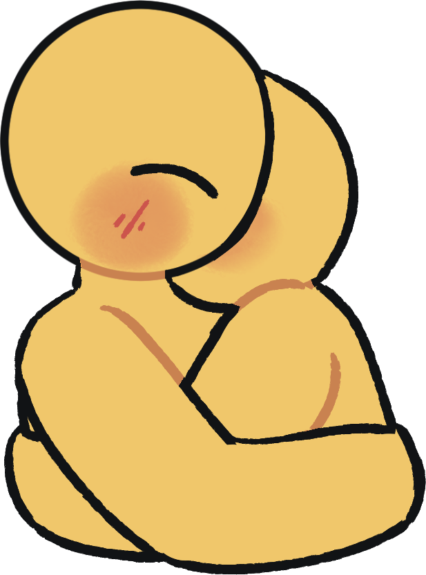 two emoji yellow figures embracing, in a side view. one's head is tucked against the other's neck.